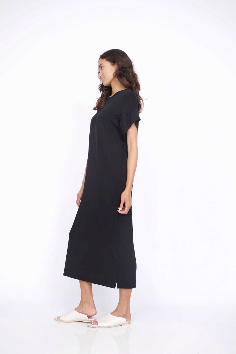 Short sleeve midi dress with side slits in Black. Fabric and dress made in Los Angeles, CA by Corinne Collective.