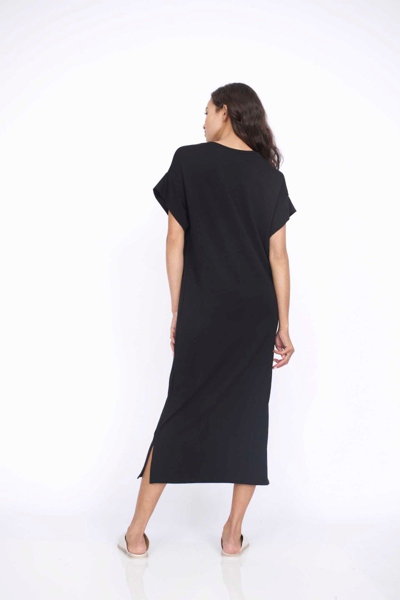 Short sleeve midi dress with side slits in Black. Fabric and dress made in Los Angeles, CA by Corinne Collective.