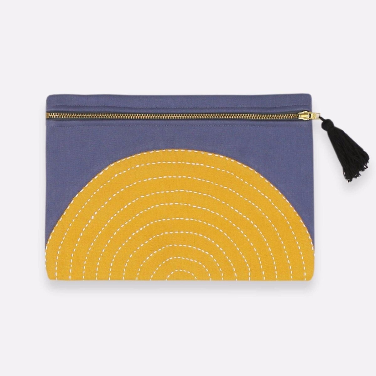 Slate colored square pouch with a yellow cross-stitched concentric pattern. Includes a zipper with a black tassel. Designed by Anchal in Louisville, Kentucky and handmade in Ajmer, India.