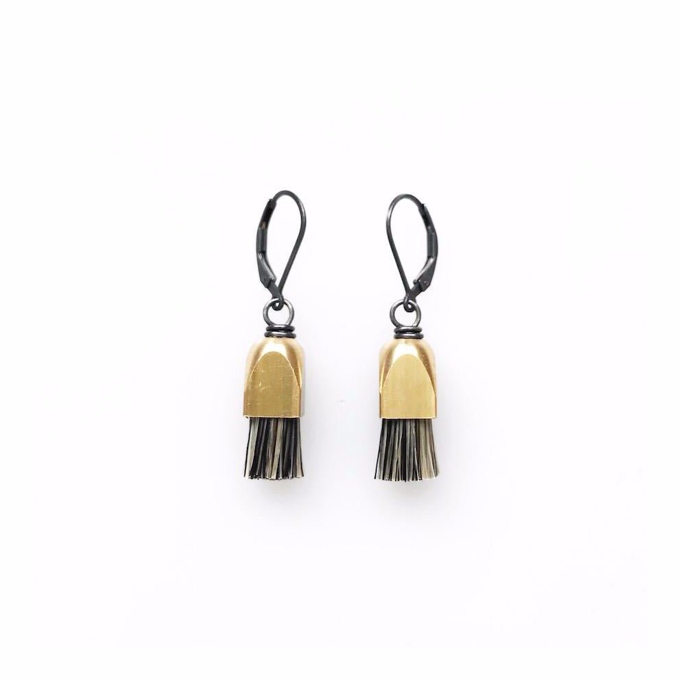 Grey horsehair fringe earrings with a dome shaped brass cap and oxidized sterling silver leverback. Designed and made by Boet in Portland, Oregon.