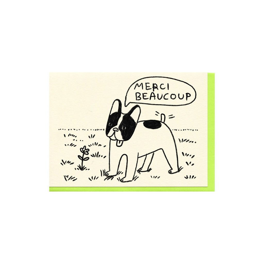 Letterpress printed greeting card reads "MERCI BEAUCOUP" and comes with a lime green colored envelope. Printed in Oakland, California by People I've Loved.