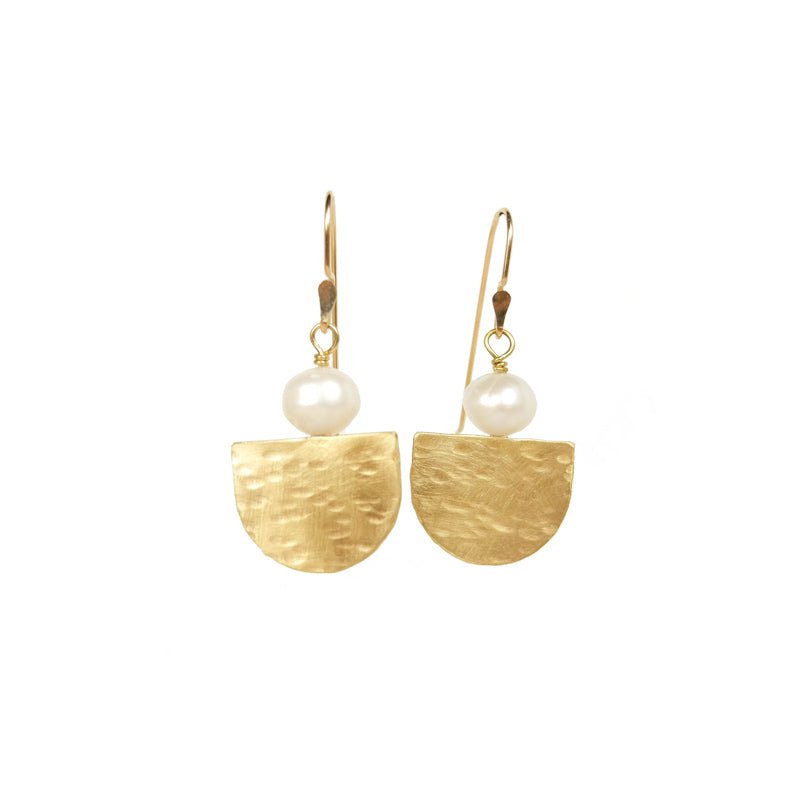 Hammered brass and pearl earrings on 14k gold-filled wires