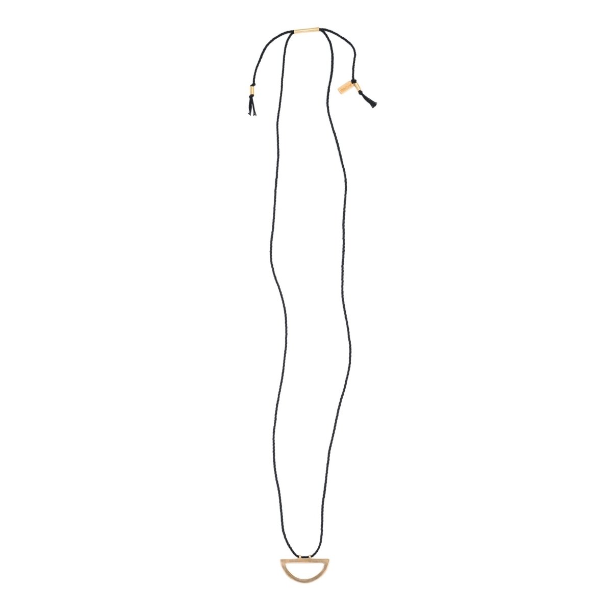 Modern, adjustable necklace of black Japanese cotton rope threaded along the long end of a cast bronze semi-circle pendant with brass tubing accents and black cotton fringe. Hand-crafted in Portland, Oregon.