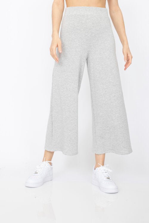 Wide leg pant with elastic waistband in Heather Grey. Fabric and pant made in Los Angeles, CA by Corinne Collective.