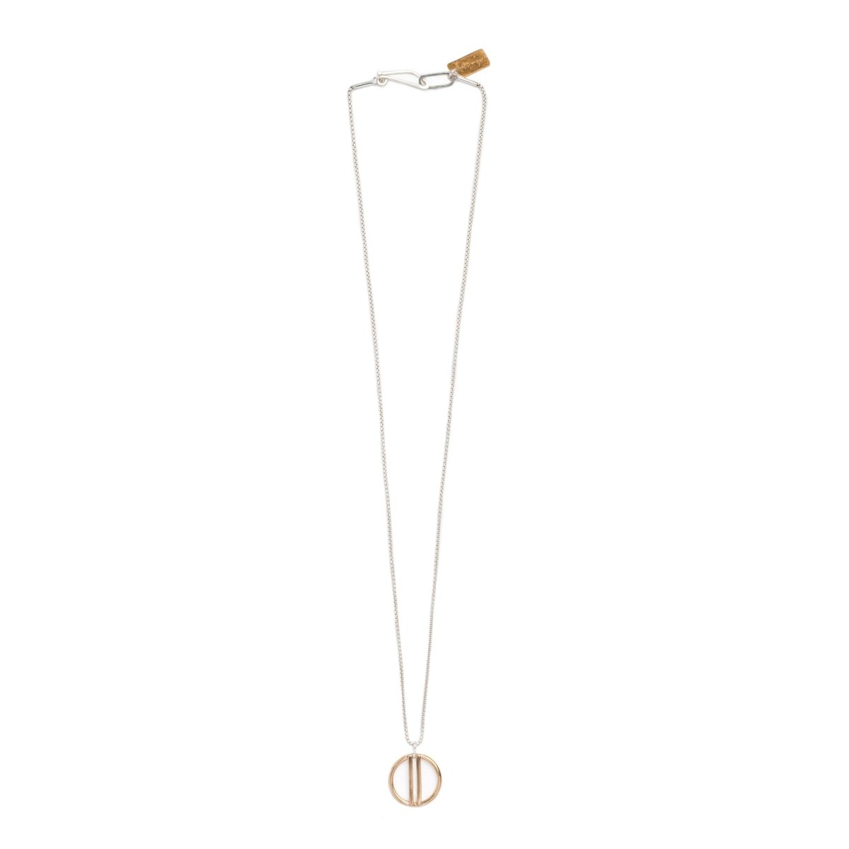 Small, open circle pendant of shiny cast bronze with two vertical bars running through the center, on a sterling silver box chain with an original sterling silver clasp and a brass betsy & iya tag. Hand-crafted in Portland, Oregon.