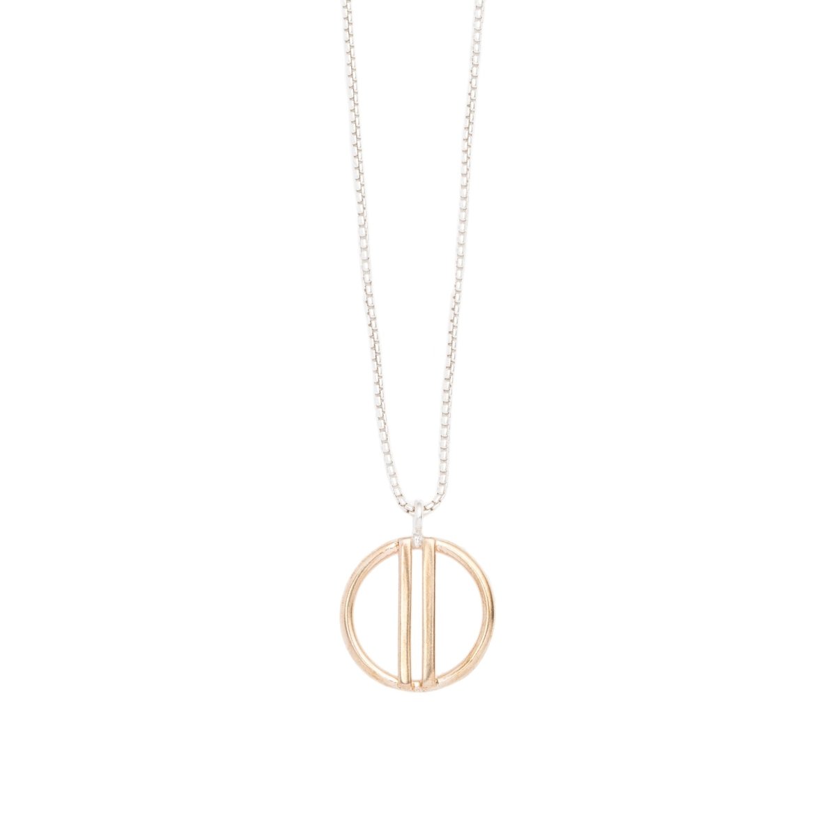 Small, open circle pendant of shiny cast bronze with two vertical bars running through the center, on a sterling silver box chain. Hand-crafted in Portland, Oregon.