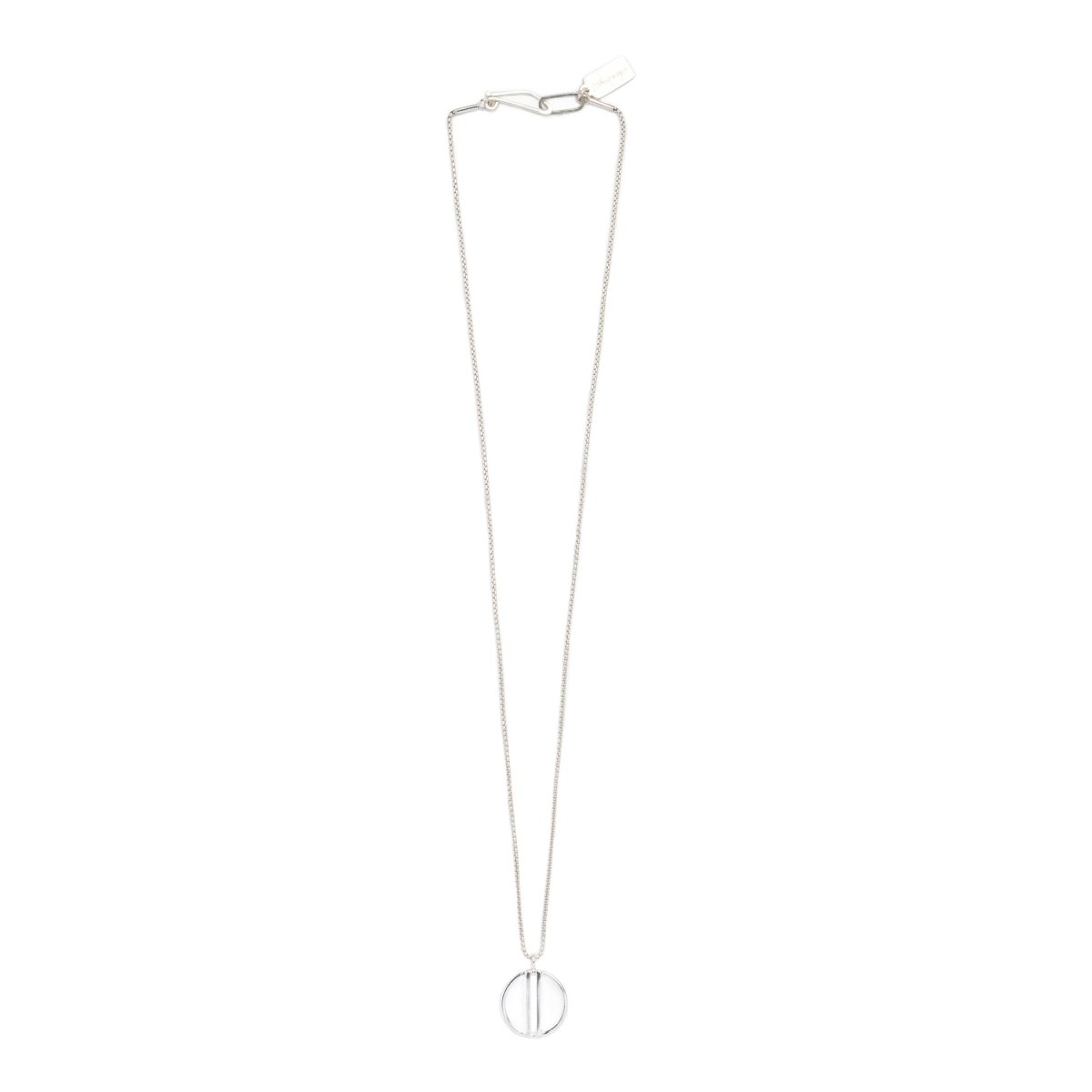 Small, open circle pendant of shiny cast silver with two vertical bars running through the center, on a sterling silver box chain with an original sterling silver clasp and a silver betsy & iya tag. Hand-crafted in Portland, Oregon.