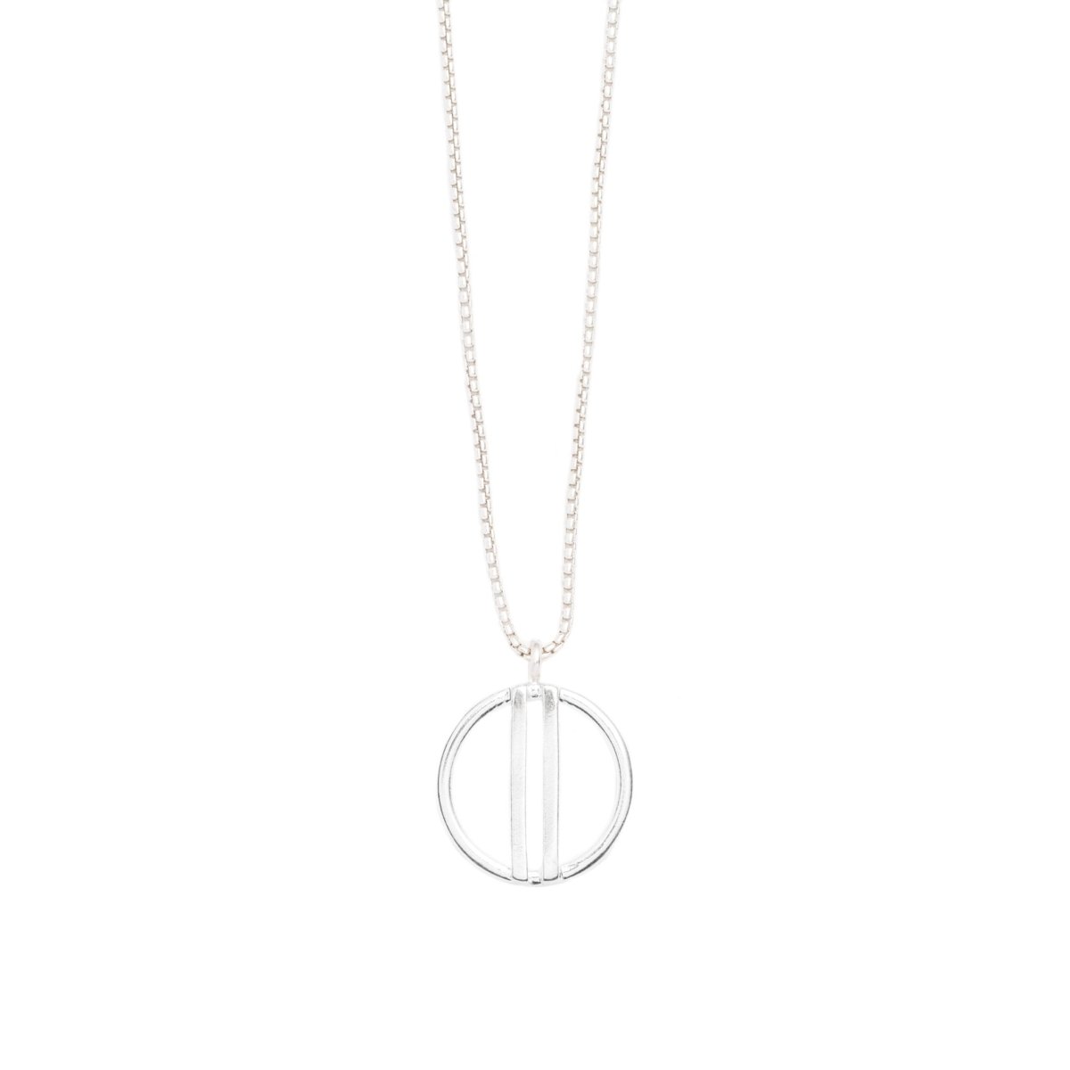 Small, open circle pendant of shiny cast silver with two vertical bars running through the center, on a sterling silver box chain. Hand-crafted in Portland, Oregon.
