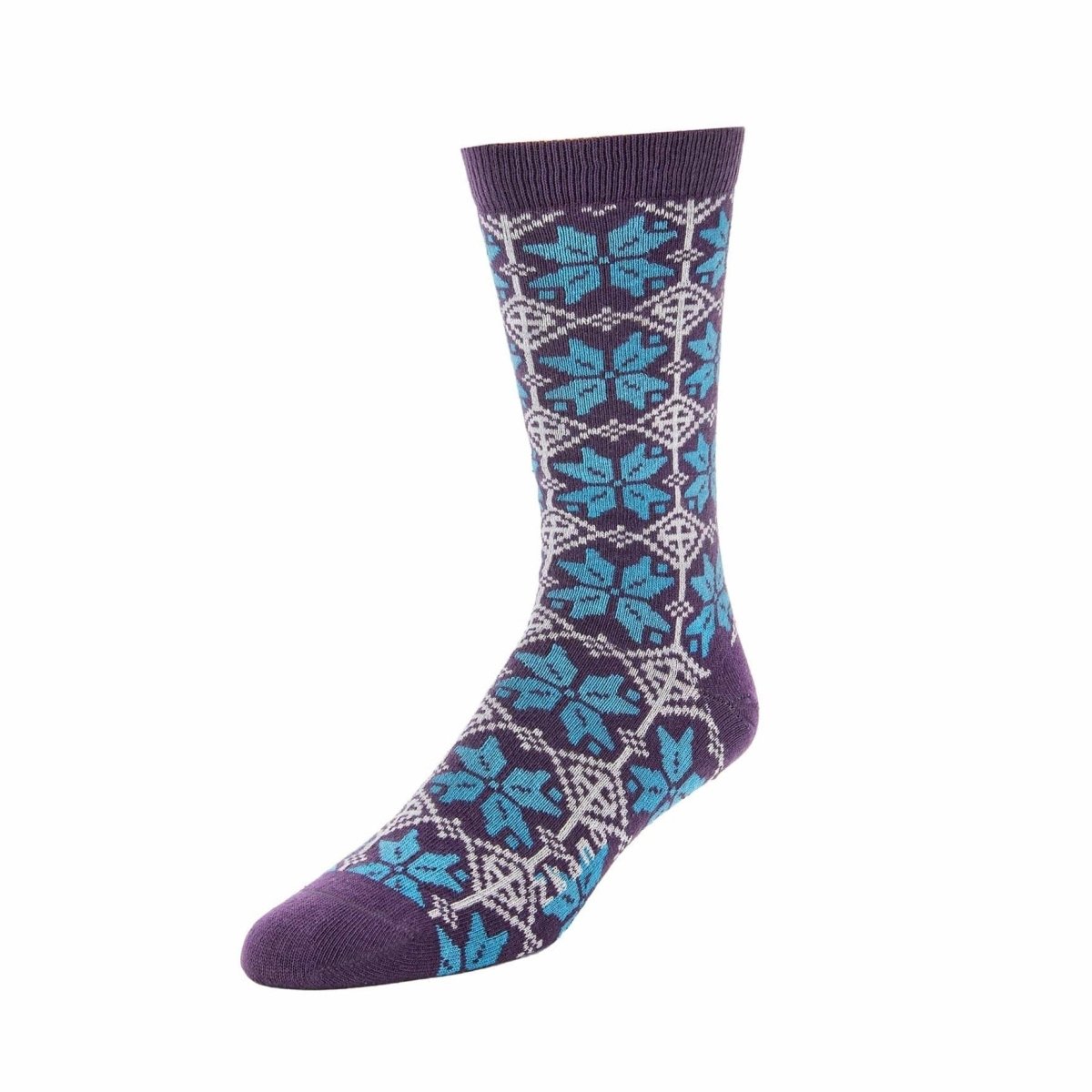 A dark purple sock with a white and blue snowflake design. The Nordic Snowflake in Plum is from Zkano and made in Alabama, USA.