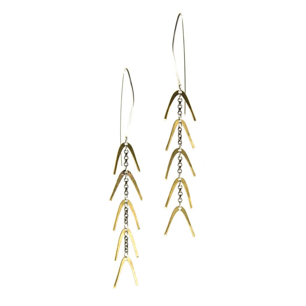 Gold dangle earrings, lightweight, full of movement, silver earwires. Gold spine betsy & iya jewelry