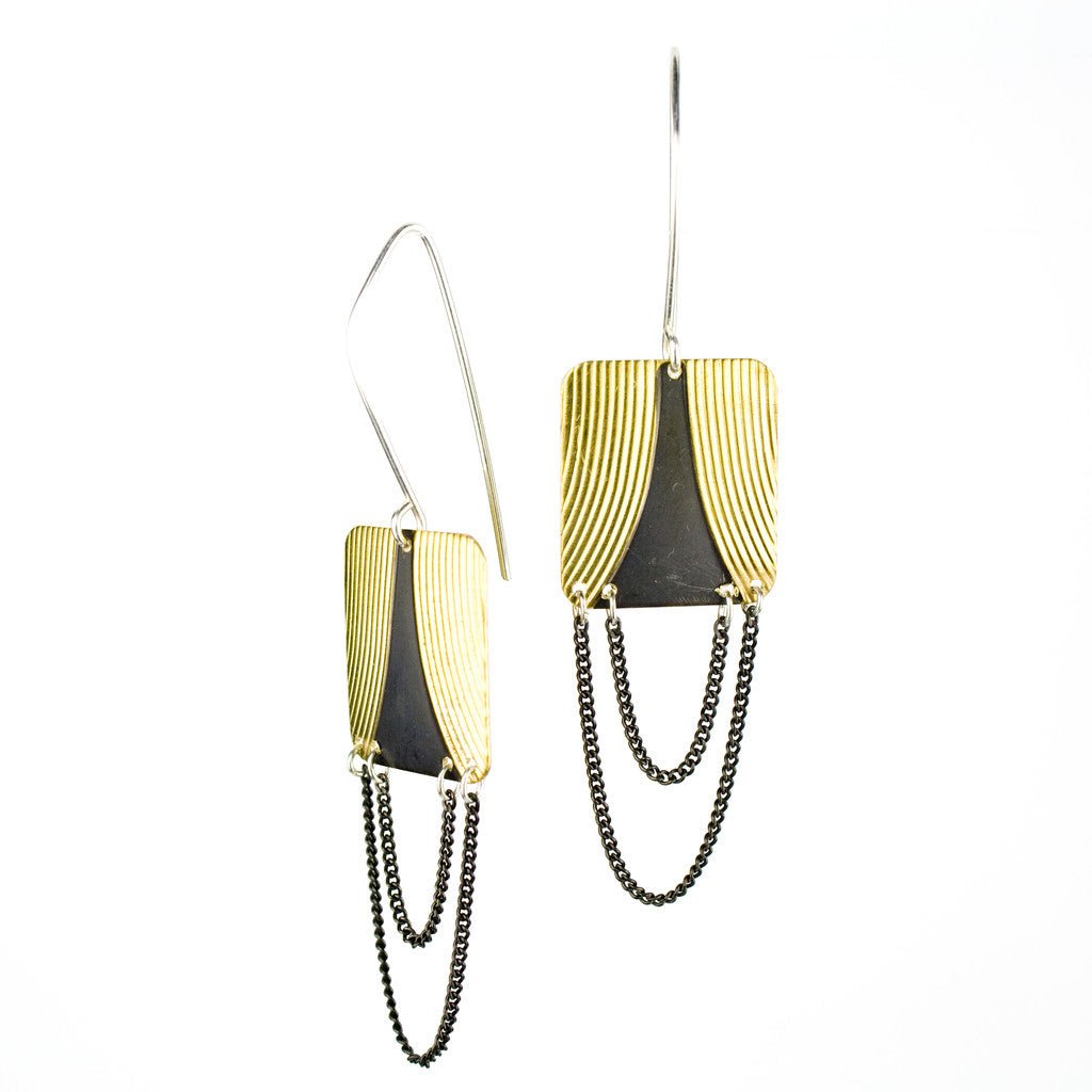betsy & iya Strata Drip earrings with draped chain.