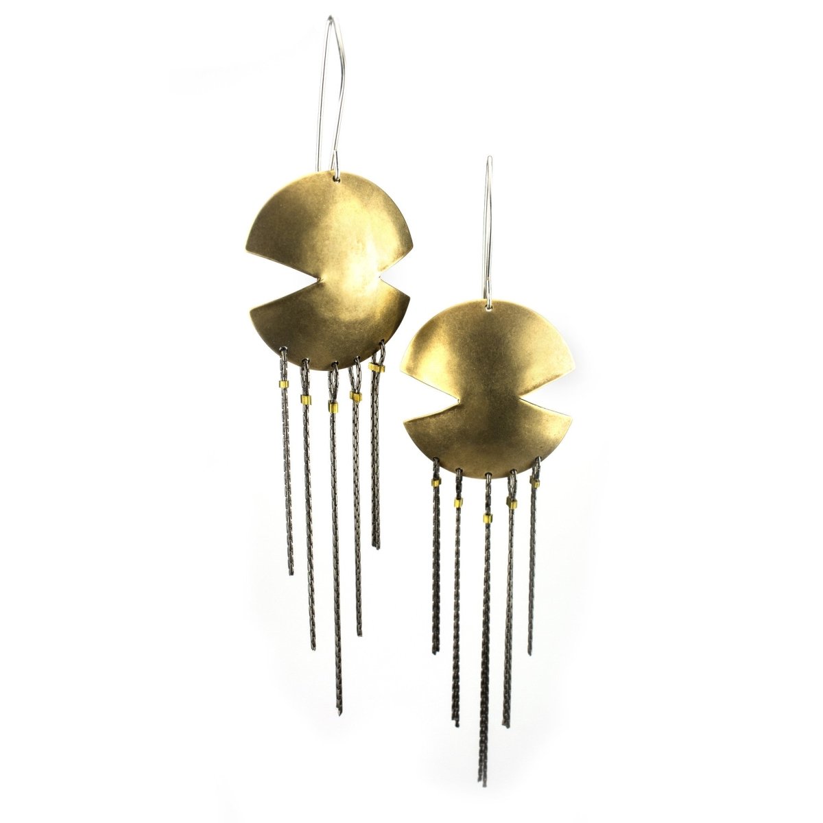 betsy & iya Aztec Dreamcatcher earrings with chain dangles.