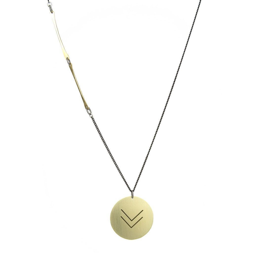 betsy & iya long, edgy necklace with double chevron pattern.