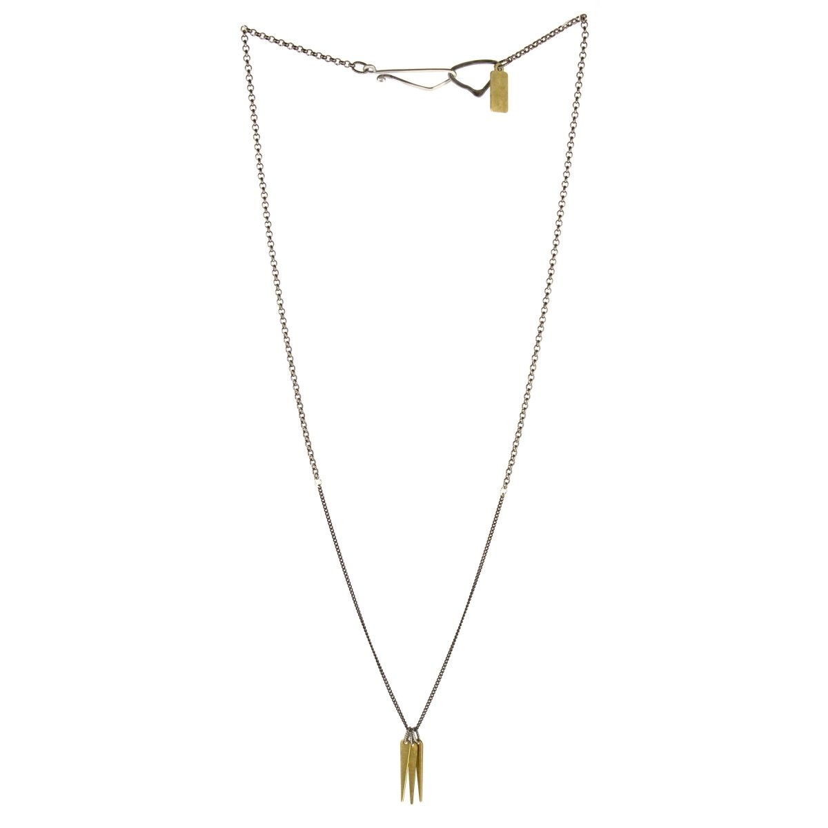 A trio of decorative brass spikes, dangling from a gunmetal and steel chain, and finished with a hand-formed, sterling silver clasp and closure and a brass betsy & iya logo tag. Hand-crafted in Portland, Oregon.