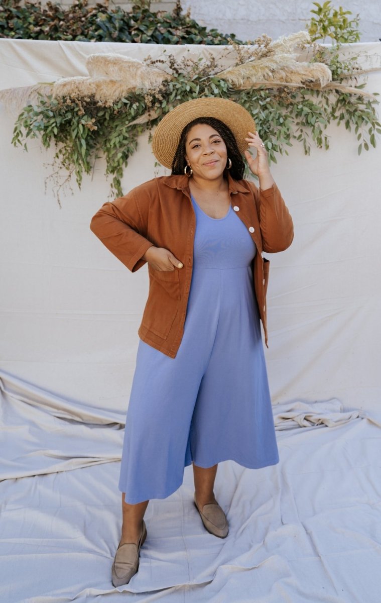 Chore jacket with off-white buttons and two oversized pockets in the color Saddle Brown. The Painter's Jacket is designed by Mien and made in Los Angeles, CA.