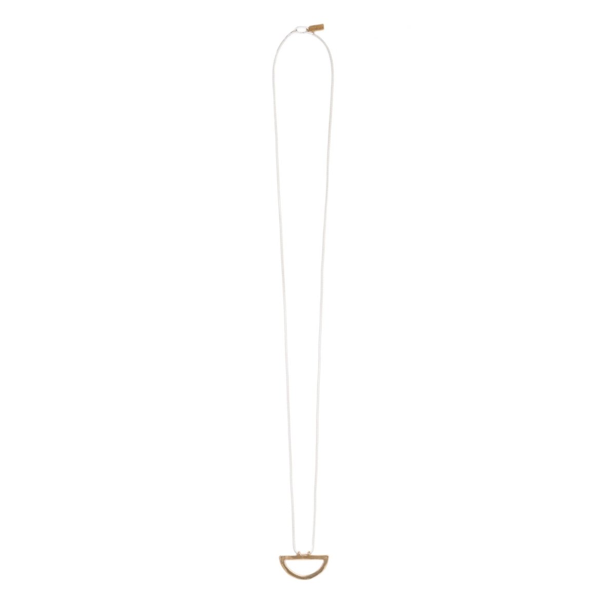 Long, sleek, sterling silver snake chain threaded along the long side of a cast bronze semicircle pendant. Hand-crafted in Portland, Oregon.
