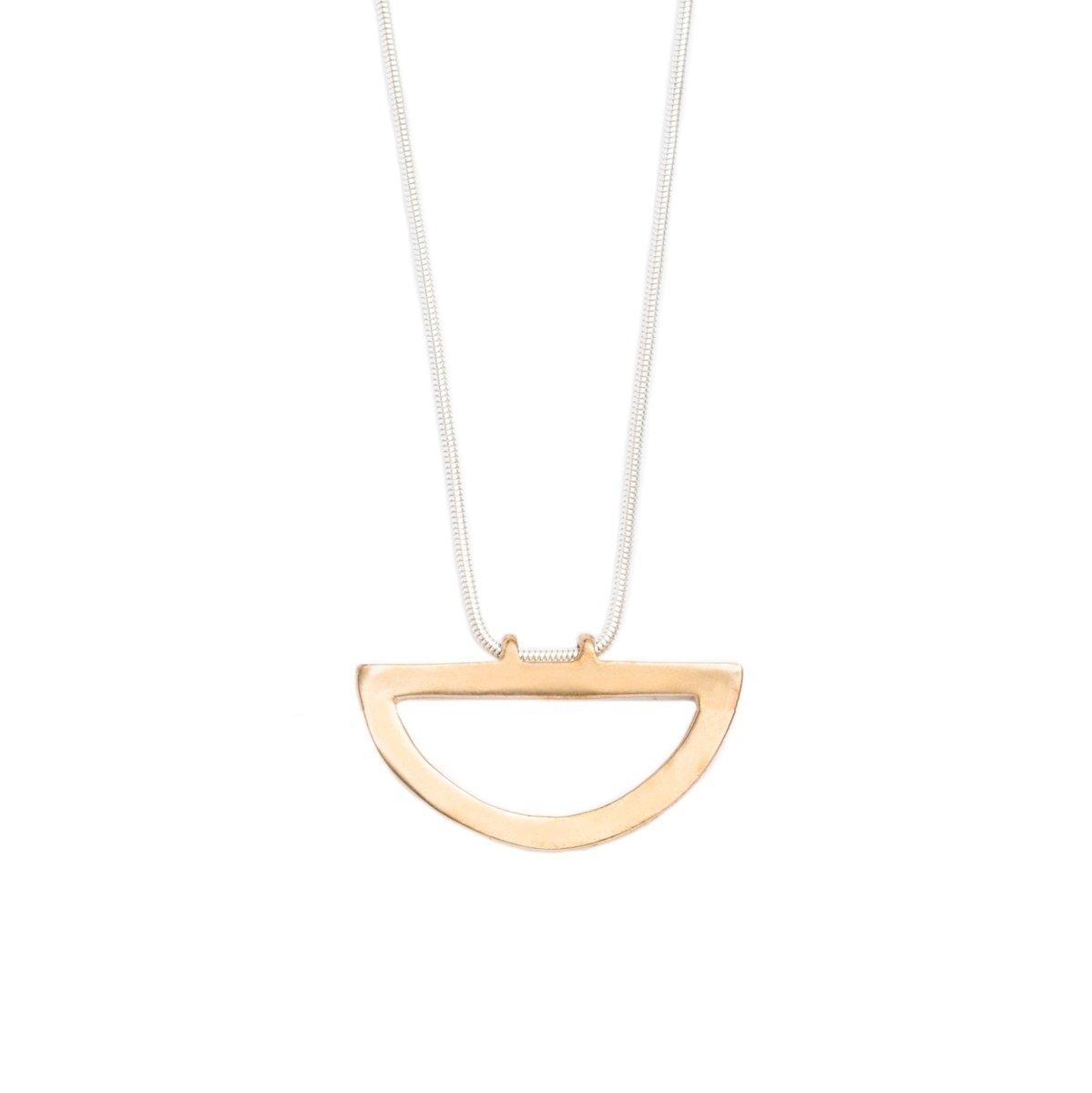Long, sleek, sterling silver snake chain threaded along the long side of a cast bronze semicircle pendant. Hand-crafted in Portland, Oregon.