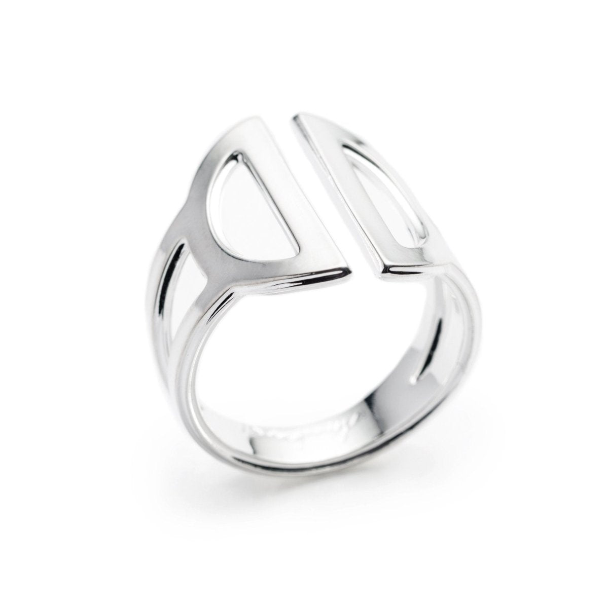 Wide, adjustable, polished silver ring, featuring two triangular cutouts on the band and a pair of semicircle cutouts as the focal point. Hand-crafted in Portland, Oregon.