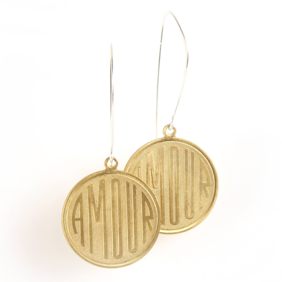 betsy & iya Amour Love earrings with vintage reproduction charm.