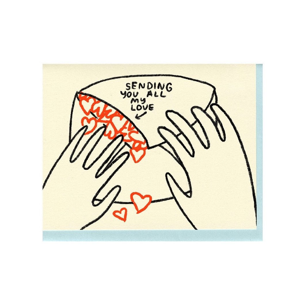Letterpress printed greeting card reads "SENDING YOU ALL MY LOVE." Two hands hold an envelope with read hearts spilling out. Card comes with a blue envelope. Printed in Oakland, California by People I've Loved.
