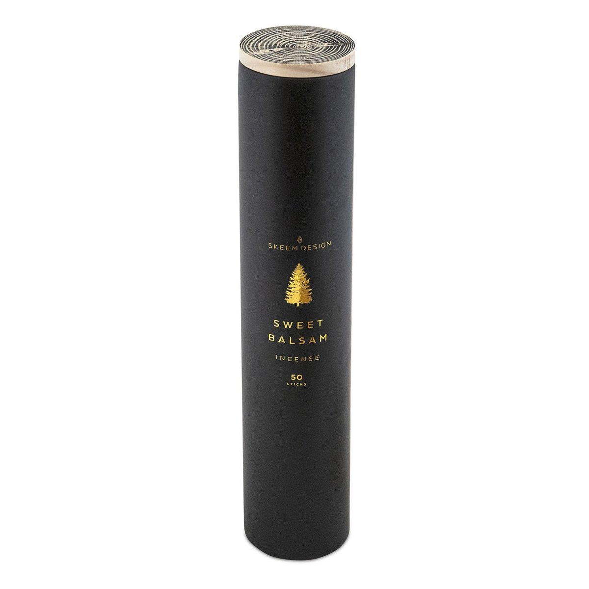 Black cylindrical packaging with a gold tree design. Contains fifty incense sticks in the scent sweet balsam. Made in Philadelphia, PA by SKEEM Design.