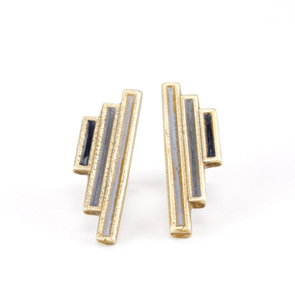 Gold colored vertical post earrings handmade in Portland.