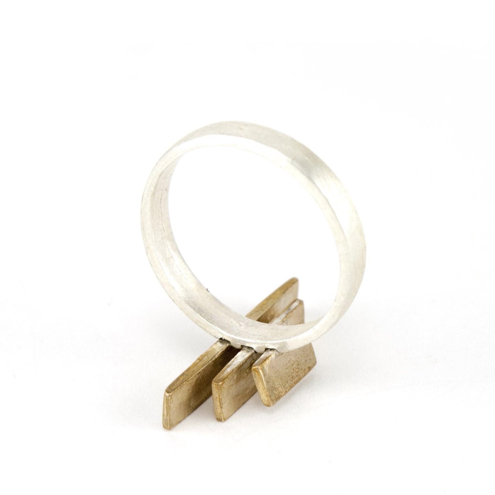 Handmade ring with silver band and bronze accents.