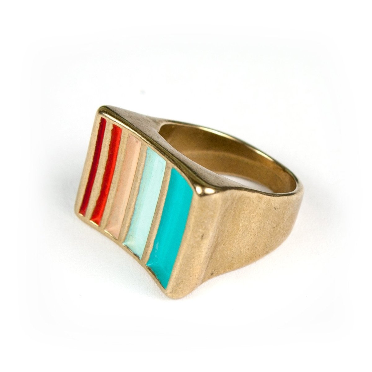 Cast bronze ring with teal, red, and aqua accents handmade in Portland.