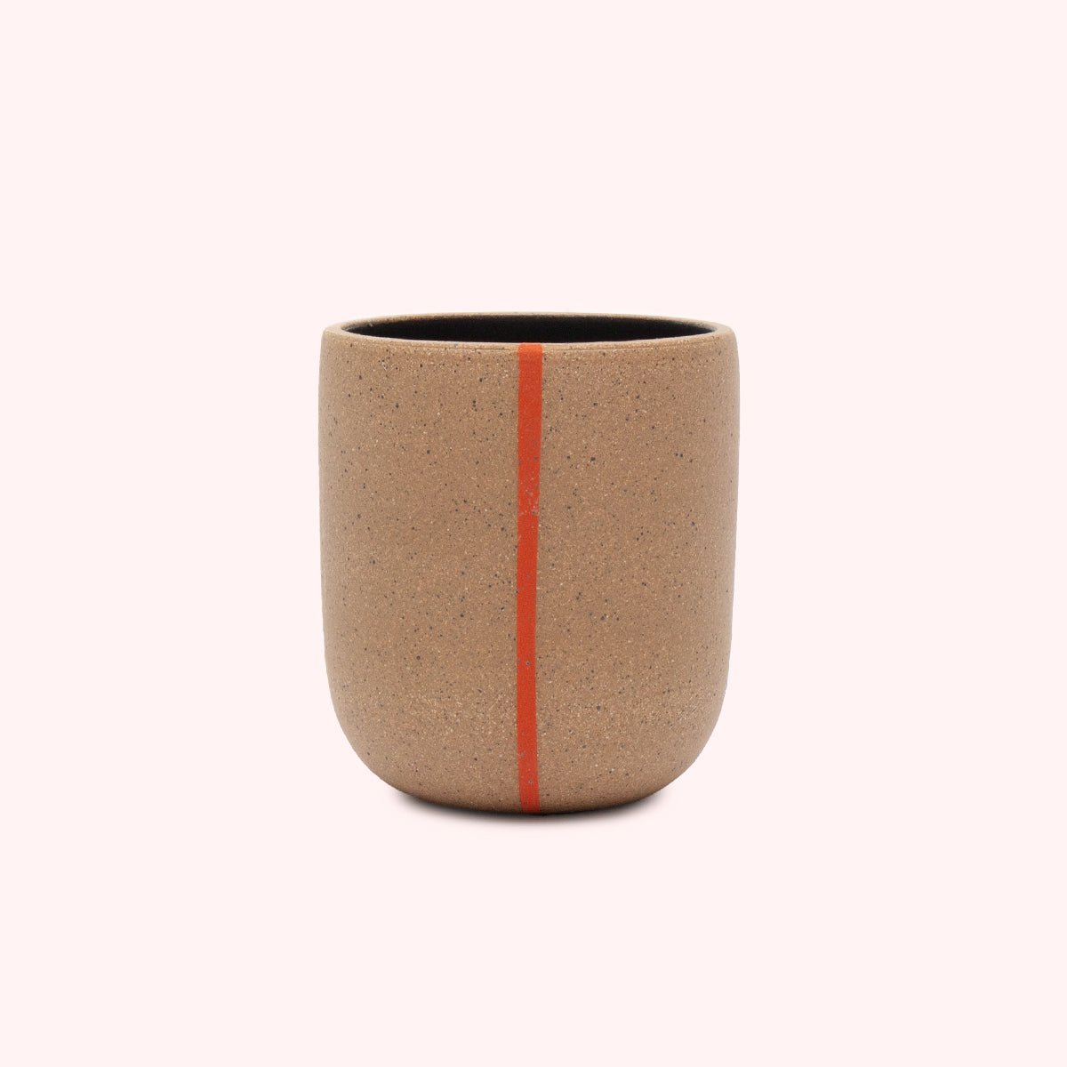 Speckled stoneware cup featuring a single red line and black interior satin glaze. Designed and hand thrown by Wolf Ceramics in Hood River, Oregon.