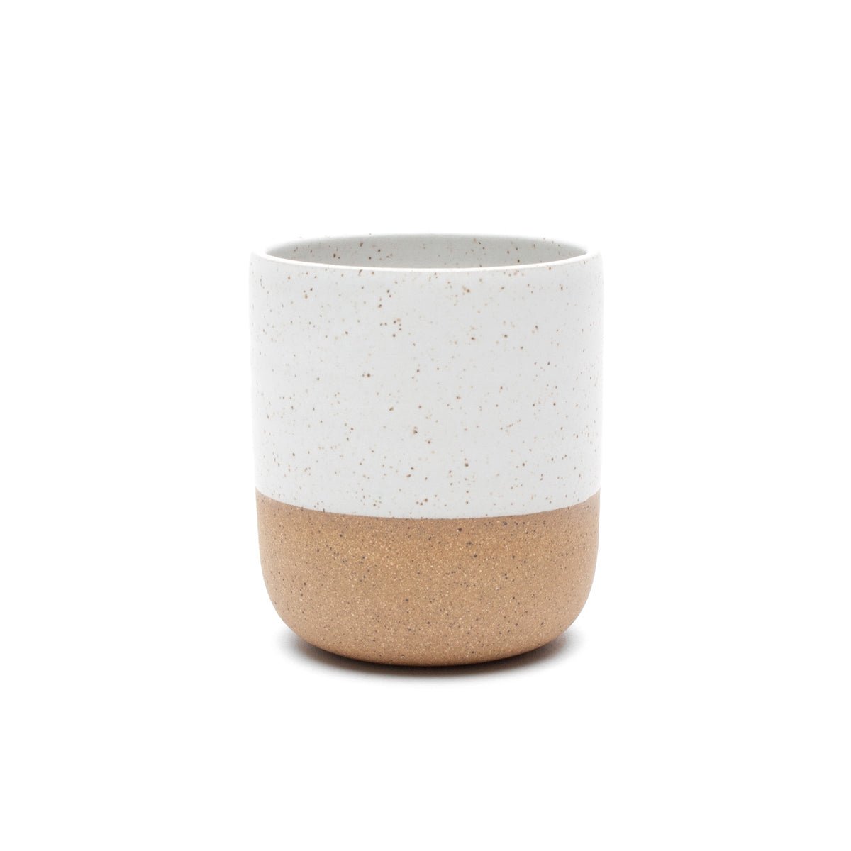 Speckled ceramic cup with matte white collar and interior and exposed natural clay bottom. Designed and hand thrown by Wolf Ceramics in Hood River, Oregon.