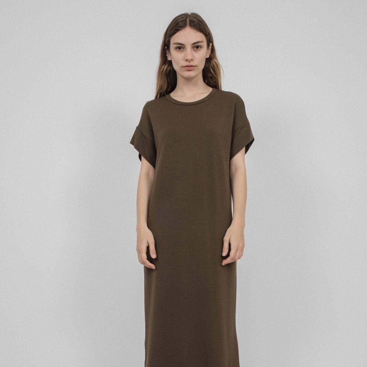 Short sleeve midi dress with side slits in a rich brown. Fabric and dress made in Los Angeles, CA by Corinne Collective.