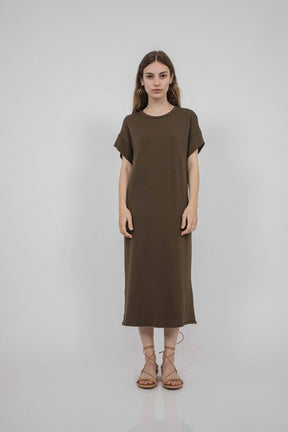 Short sleeve midi dress with side slits in a rich brown. Fabric and dress made in Los Angeles, CA by Corinne Collective.