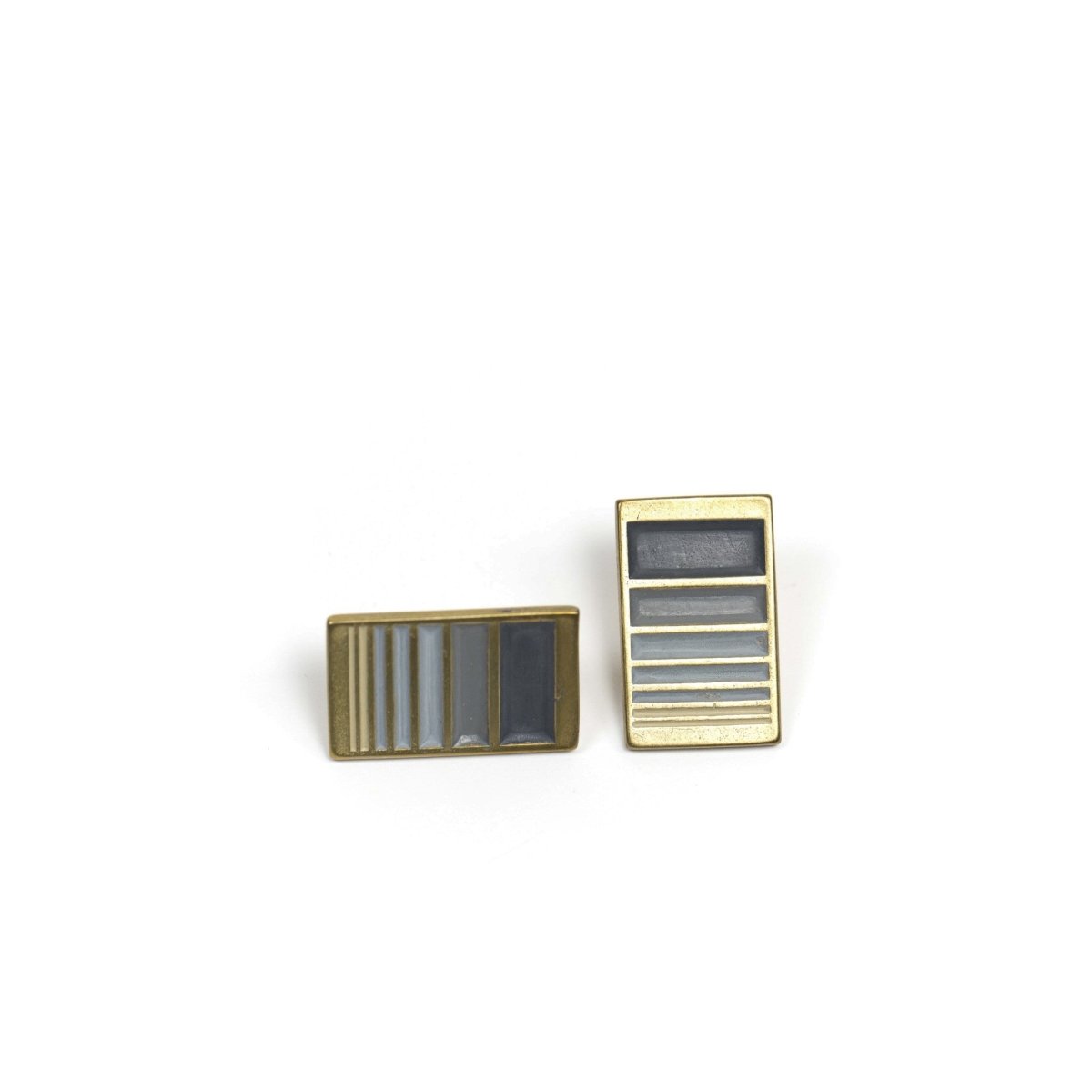 A pair of rectangular, cast-bronze stud earrings, decorated in our Portland colorway, with a gradient of gray paint. Hand-crafted in Portland, Oregon.