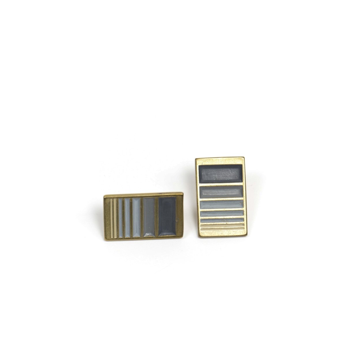 A pair of rectangular, cast-bronze stud earrings, decorated in our Portland colorway, with a gradient of gray paint. Hand-crafted in Portland, Oregon.