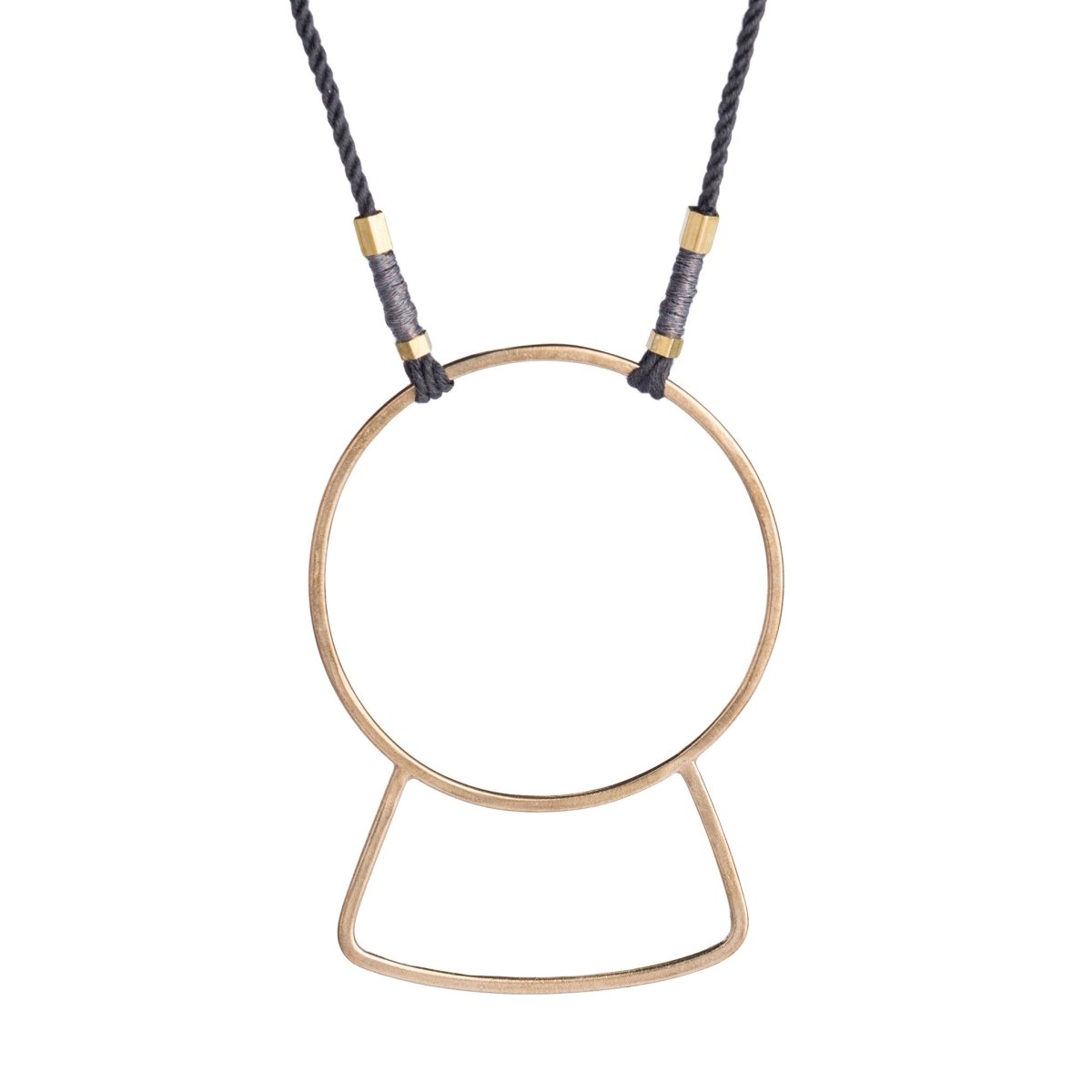 Long necklace of gray, hand-spun Japanese cotton thread, featuring a large, geometric, yellow bronze focal piece, brass tubing, and small copper wire accents. Hand-crafted in Portland, Oregon.