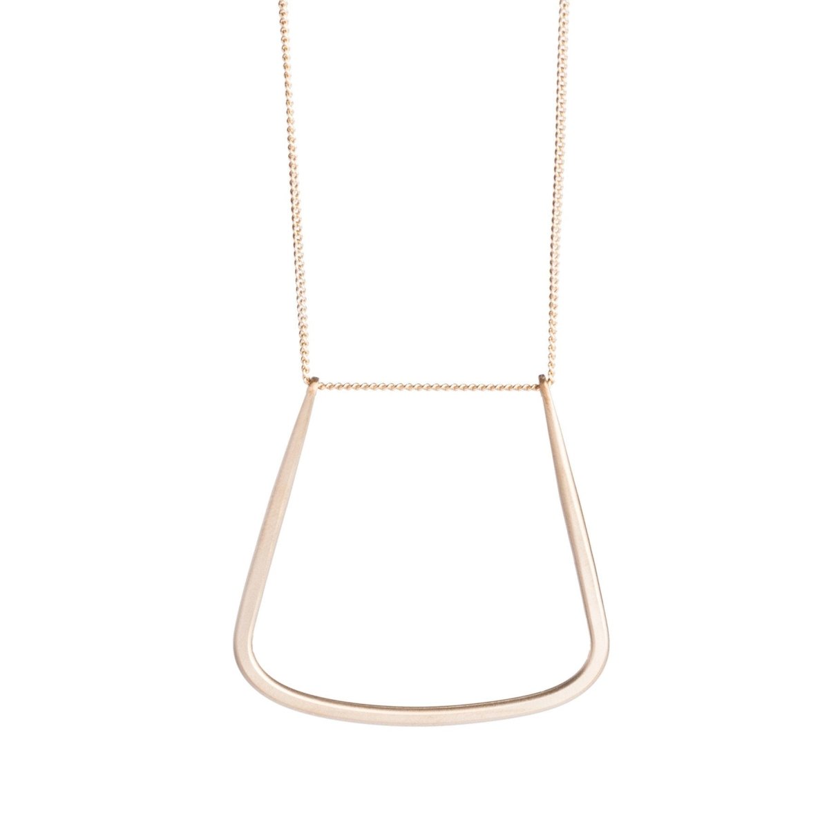 14k gold-filled chain threaded through a hand-formed, 14k gold-filled, u-shaped pendant with squared edges. Hand-crafted in Portland, Oregon.