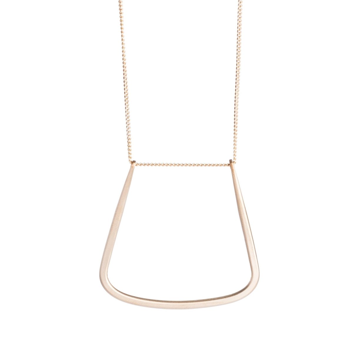 14k gold-filled chain threaded through a hand-formed, 14k gold-filled, u-shaped pendant with squared edges. Hand-crafted in Portland, Oregon. 