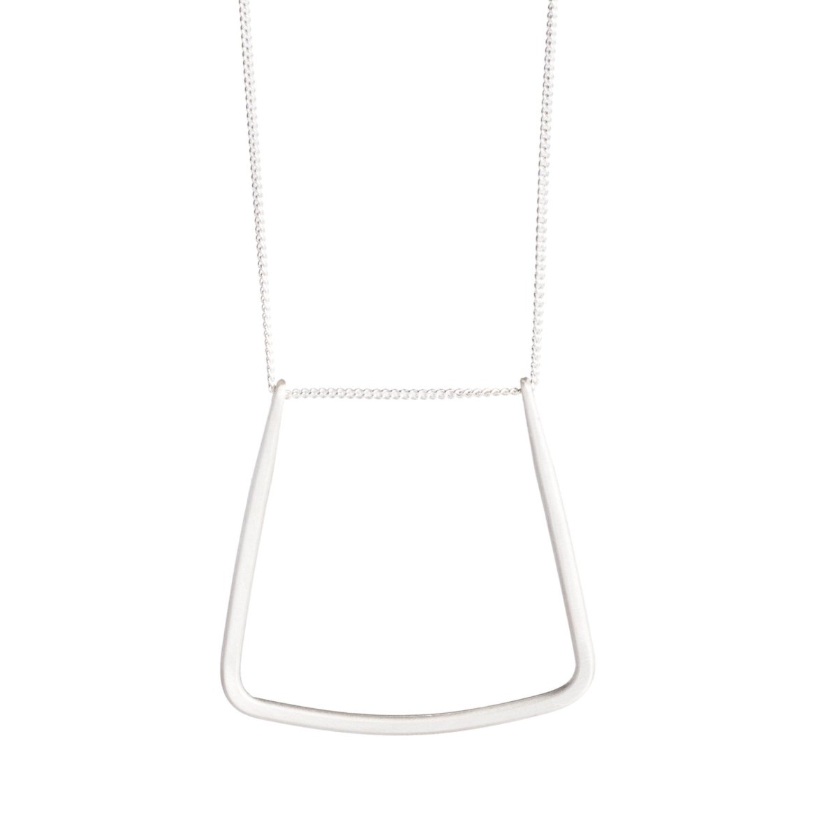 Sterling silver chain threaded through a hand-formed, sterling silver, u-shaped pendant with squared edges. Hand-crafted in Portland, Oregon.