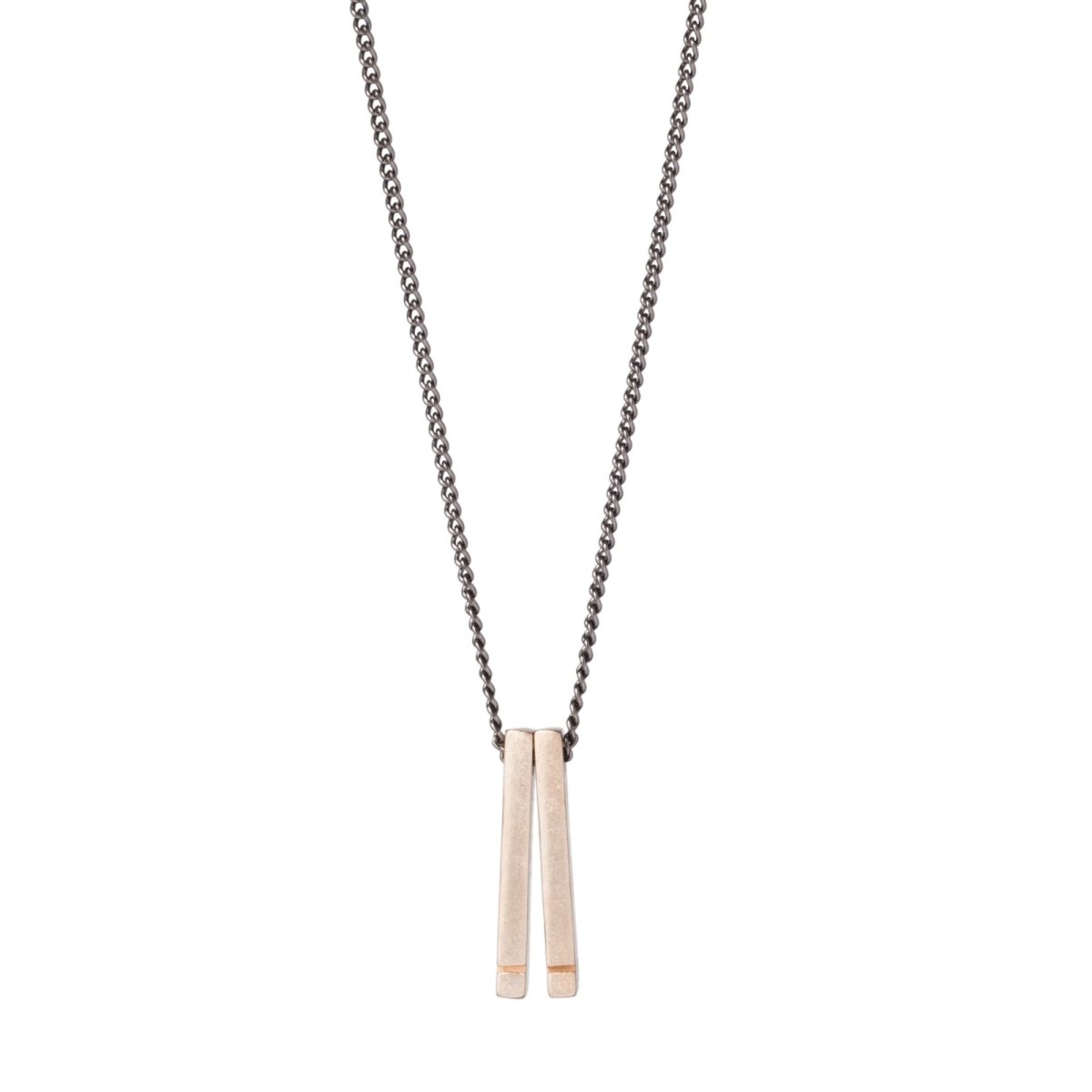Simple, delicate, 18 inch-long necklace, with two bronze bars dangling from a gunmetal chain. Hand-crafted in Portland, Oregon.