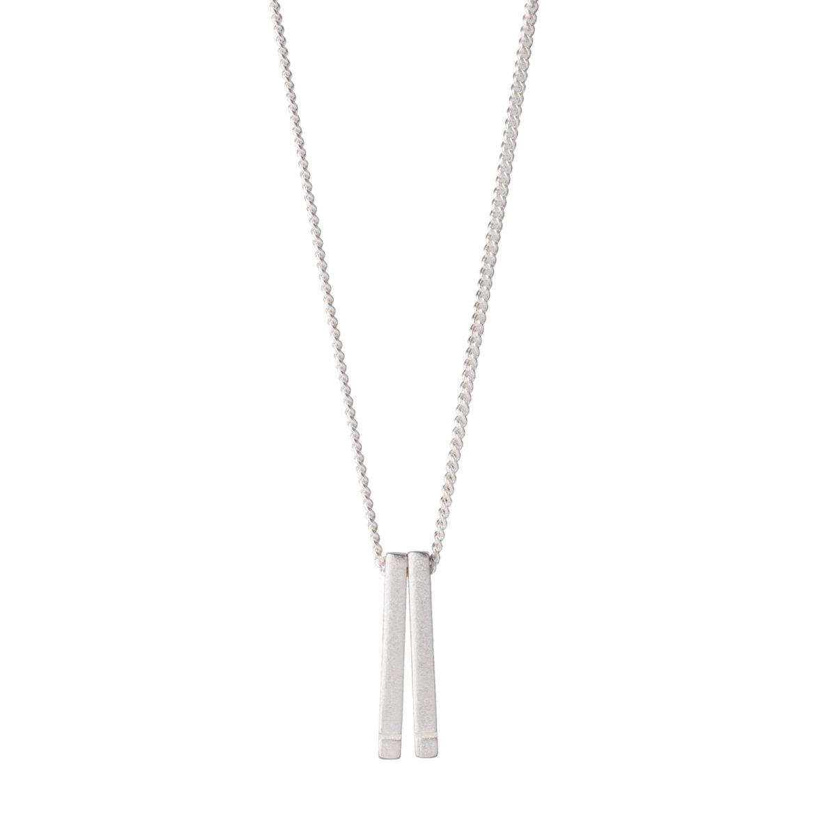 Simple, delicate, 18 inch-long necklace, with two sterling silver bars dangling from a sterling silver chain. Hand-crafted in Portland, Oregon.