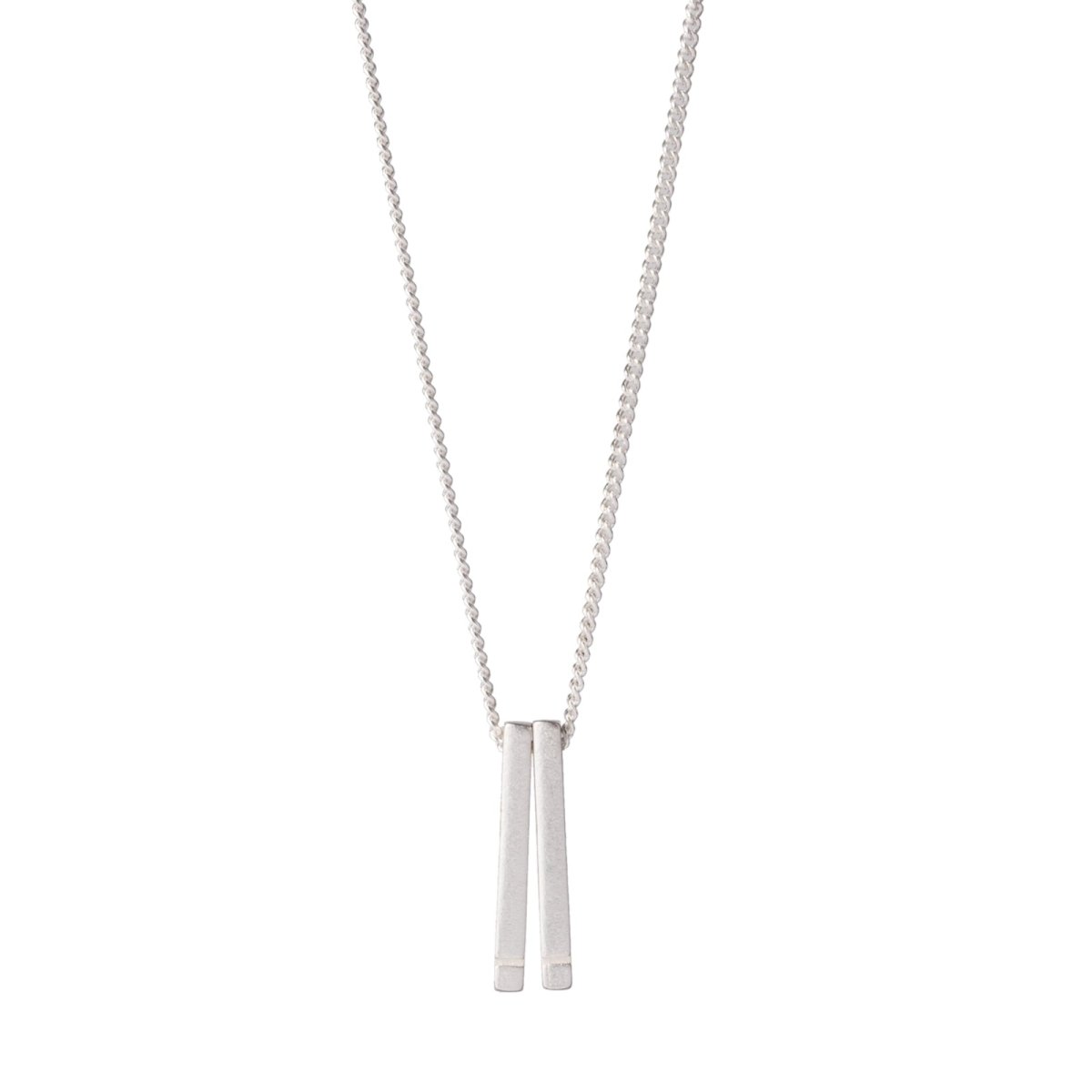 Simple, delicate, 18 inch-long necklace, with two sterling silver bars dangling from a sterling silver chain. Hand-crafted in Portland, Oregon. 