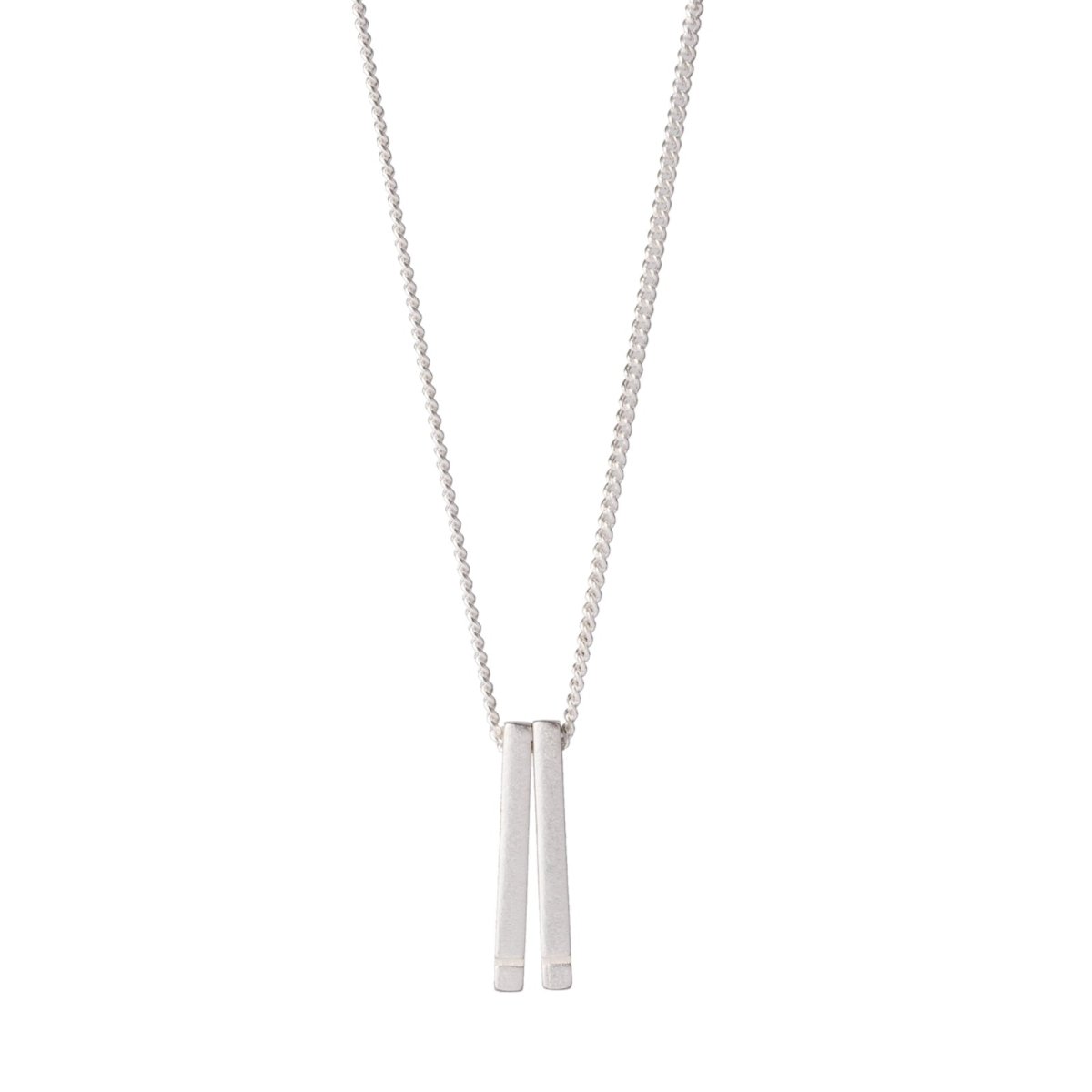 Simple, delicate, 18 inch-long necklace, with two sterling silver bars dangling from a sterling silver chain. Hand-crafted in Portland, Oregon.