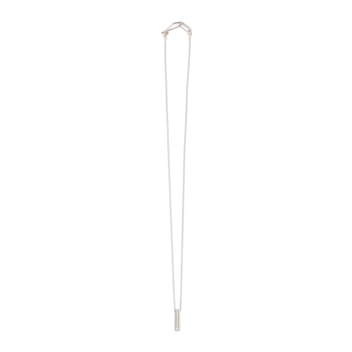 Simple, delicate, 18 inch-long necklace, with two sterling silver bars dangling from a sterling silver chain, with a sterling silver hand-formed clasp and closure. Hand-crafted in Portland, Oregon.