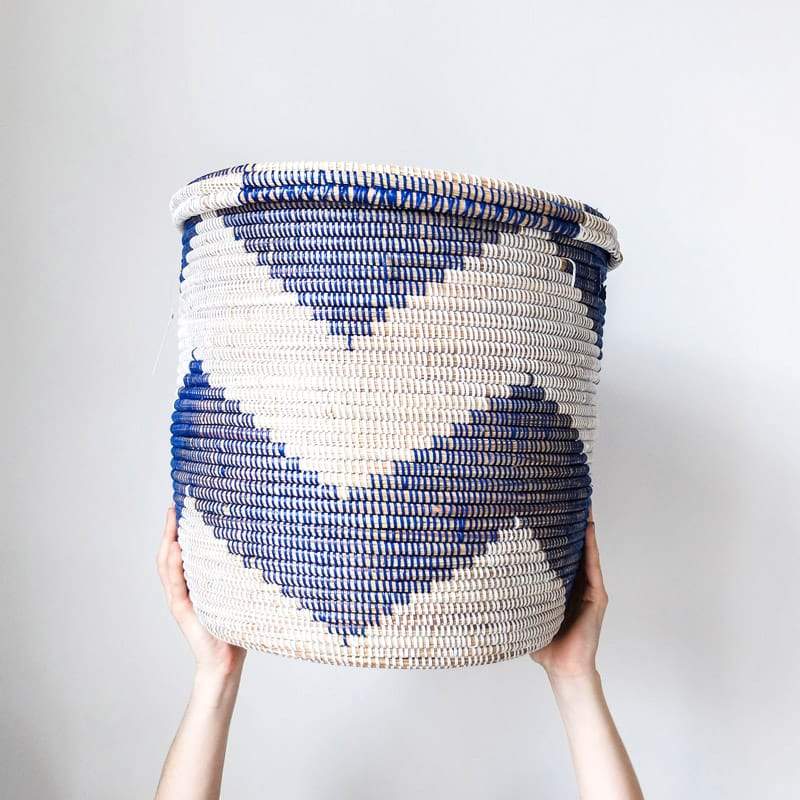 Large Lidded Senegal Basket in White and Blue