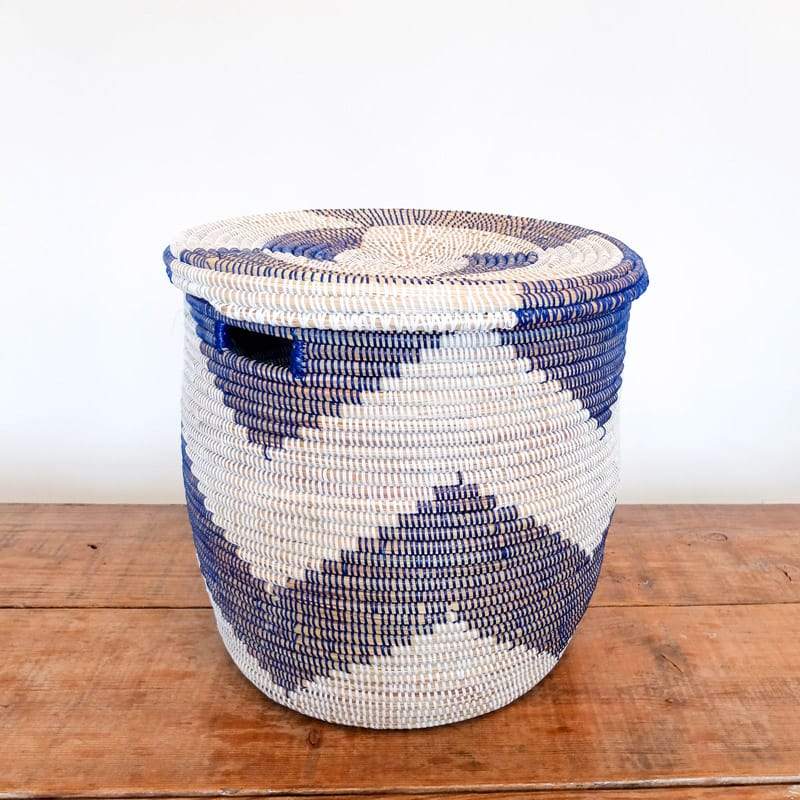 Large Lidded Senegal Basket in White and Blue