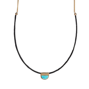 Inti necklace in bronze, focus on Kingman turquoise focal piece