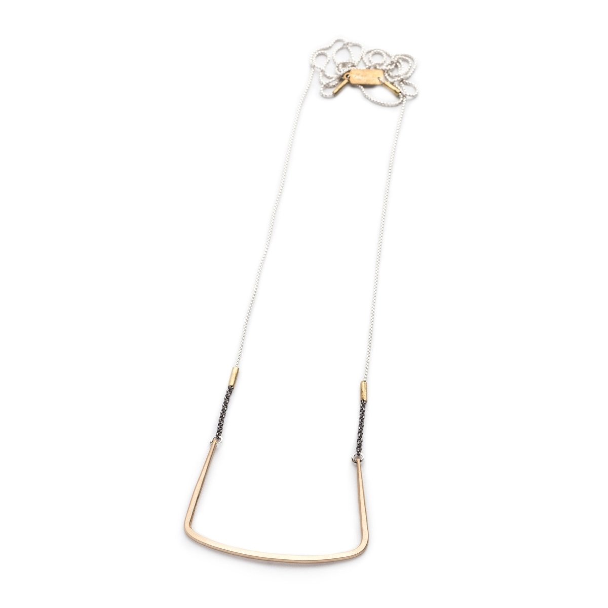 Hand-forged, rectangular, 14k gold-filled pendant, affixed to a sterling silver box chain, with African brass trade bead and gunmetal bronze chain accents, and a brass betsy & iya tag. Hand-crafted in Portland, Oregon.