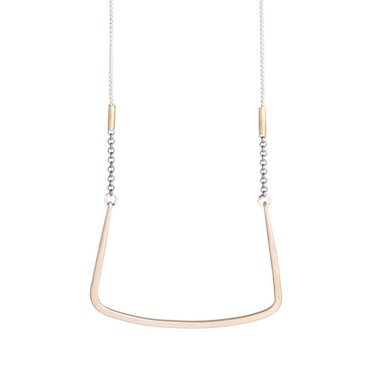 Hand-forged, rectangular, 14k gold-filled pendant, affixed to a sterling silver box chain, with African brass trade bead and gunmetal bronze chain accents. Hand-crafted in Portland, Oregon.