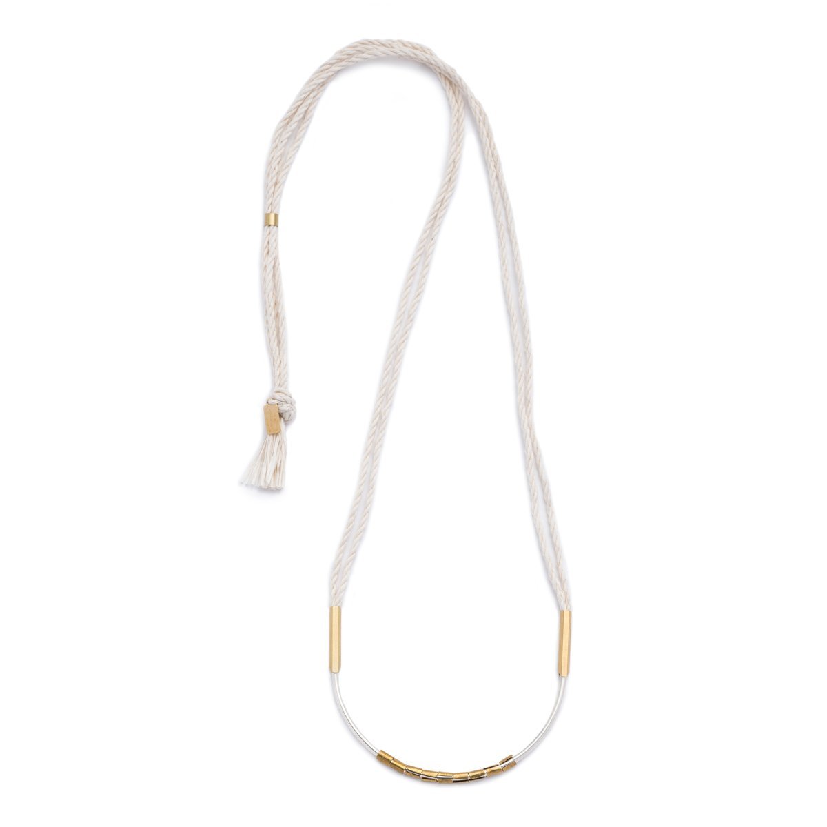 Lightweight, textural statement necklace, featuring cream-colored, hand-spun Japanese cotton rope, a curved, sterling silver focal point, African brass trade beads, and brass fittings. Hand-formed in Portland, Oregon.
