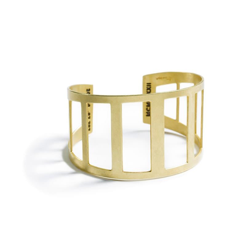 Modern, minimal, adjustable brass cuff modeled after the 360 Bridge, also know as the Pennybacker Bridge, in Austin, Texas, with the bridge's coordinates and date of construction engraved on the inner cuff. Hand-crafted in Portland, Oregon.